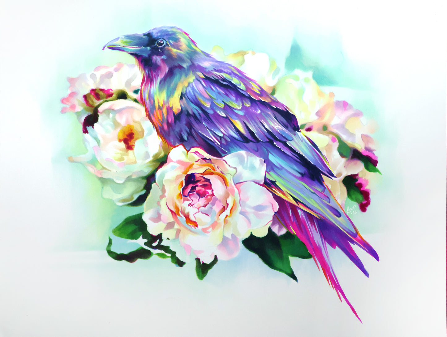 A colorful painted raven perched among white and pink flowers on a soft white background.